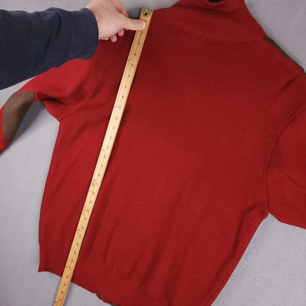 Silversilk Sweater Mens‎ Large Red Geometric Full Zip Suede Trim Elbow Patches L